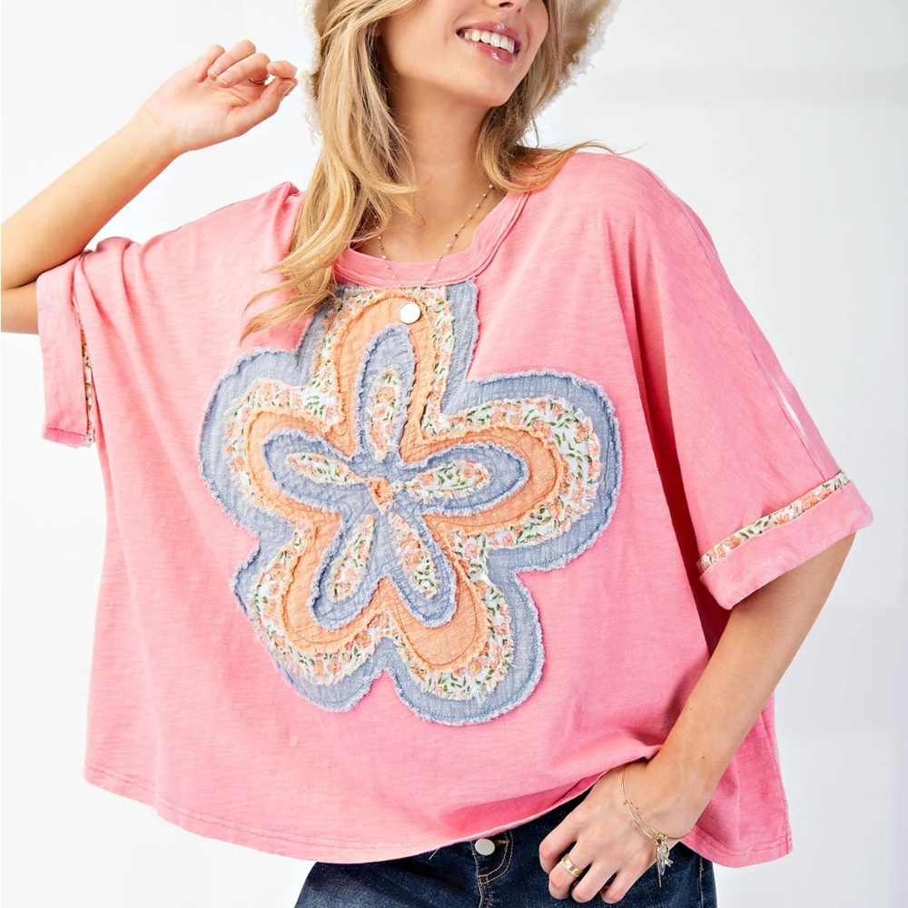 Easel Pink and Blue Floral Embroidered Short Sleeve Top
